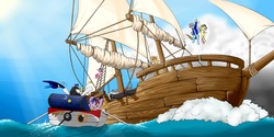 Size: 9000x4500 | Tagged: safe, artist:captainpudgemuffin, applejack, fluttershy, pinkie pie, rainbow dash, rarity, twilight sparkle, g4, absurd resolution, boat, mane six, ocean, pirate, pirate ship, ship, water