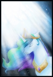 Size: 2281x3304 | Tagged: safe, artist:karzii, princess celestia, alicorn, pony, g4, bust, crepuscular rays, eyes closed, female, folded wings, high res, jewelry, mare, peytral, portrait, regalia, sad, solo, three quarter view, wings