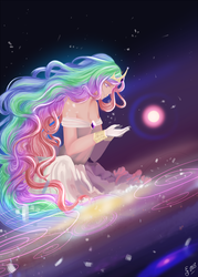Size: 1000x1400 | Tagged: safe, artist:holyfudgincrackpots, princess celestia, human, g4, female, giantess, giantlestia, goddess, humanized, macro, pony bigger than a planet, size difference, solo, space, surreal, the cosmos