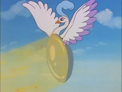 Size: 710x540 | Tagged: safe, screencap, pluma, bird, penna, g1, my little pony 'n friends, the ghost of paradise estate, shapeshifting, spread wings, transformation, wings