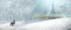 Size: 4096x1714 | Tagged: safe, artist:jasper77wang, rainbow dash, g4, airship, female, futuristic, snow, snowfall, solo