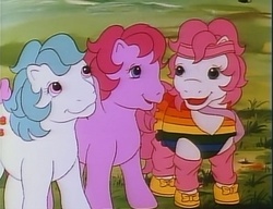 Size: 702x540 | Tagged: safe, screencap, cupcake (g1), heart throb, truly, g1, my little pony 'n friends, pony puppy, tracksuit