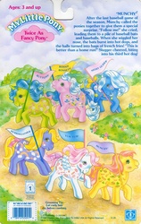Size: 709x1119 | Tagged: safe, photographer:breyer600, bonnie bonnets, buttons (g1), merriweather (g1), munchy, night glider (g1), twice as fancy buttons, yum yum, earth pony, pegasus, pony, unicorn, g1, backcard, female, g1 backstory, mare, twice as fancy ponies