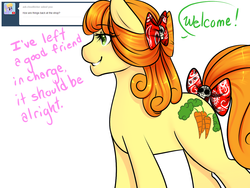 Size: 1280x960 | Tagged: safe, artist:azure-doodle, carrot top, golden harvest, earth pony, pony, g4, bow, dialogue, female, mare, sexually confused lyra, simple background, smiling, solo, tumblr, white background