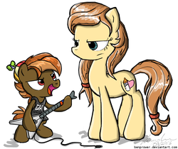 Size: 1098x924 | Tagged: safe, artist:flutterthrash, button mash, oc, oc:cream heart, pony, g4, bipedal, colt, controller, cream heart is not amused, duo, electric guitar, female, foal, guitar, guitar hero, heavy metal, male, mare, metal, musical instrument, rhythm game