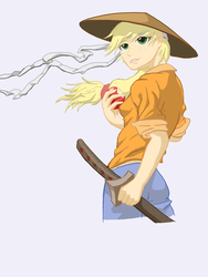 Size: 1024x1365 | Tagged: source needed, safe, applejack, human, g4, afro samurai, female, humanized, parody, simple background, solo, sword, weapon