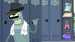 Size: 1912x1072 | Tagged: safe, pony, unicorn, bag, barely pony related, bender bending rodríguez, futurama, hat, lockers, male, poster, rainbow, reference, shoes