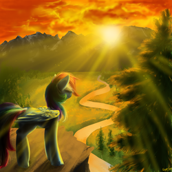 Size: 2000x2000 | Tagged: safe, artist:quennyqueen, rainbow dash, g4, crepuscular rays, female, mountain, outdoors, river, scenery, solo, sun, sunlight, sunrise