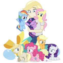 Size: 1125x1140 | Tagged: safe, artist:dm29, applejack, fluttershy, pinkie pie, rainbow dash, rarity, twilight sparkle, oc, oc:colin nary, human, pony, equestria girls, g4, balloon, colt, cute, equestria girls-ified, female, filly, filly applejack, filly fluttershy, filly pinkie pie, filly rainbow dash, filly rarity, filly twilight sparkle, holding a pony, human ponidox, julian yeo is trying to murder us, male, mane six, present, self insert, simple background, transparent background, younger