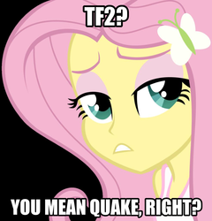 Size: 985x1024 | Tagged: safe, fluttershy, equestria girls, g4, epic gamershy, female, hipster, hipstershy, image macro, inverted mouth, mlg shy, quake, solo, team fortress 2