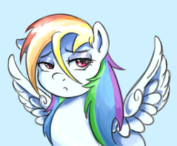 Size: 1700x1400 | Tagged: safe, rainbow dash, g4, bust, female, lidded eyes, light blue background, simple background, solo, spread wings, wings
