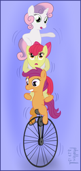 Size: 703x1471 | Tagged: safe, artist:phallen1, apple bloom, scootaloo, sweetie belle, g4, apple bloom riding scootaloo, cutie mark crusaders, double riding, hilarious in hindsight, pile, pony pile, riding, sweetie belle riding apple bloom, unicycle