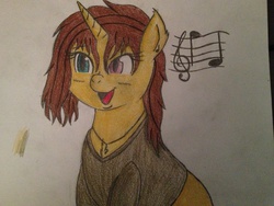 Size: 3264x2448 | Tagged: safe, artist:bassecho, oc, oc only, pony, unicorn, clothes, female, heterochromia, mare, music, music notes, open mouth, traditional art