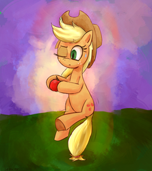 Size: 800x900 | Tagged: safe, artist:senx, applejack, g4, apple, balancing, female, obligatory apple, one eye closed, solo, zen