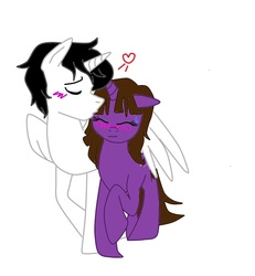 Size: 887x960 | Tagged: safe, artist:takeo, artist:violetfeatheroficial, oc, oc only, oc:crimson guard, oc:violet feather, alicorn, pony, alicorn oc, blushing, female, heart, kissing, love, male, straight