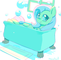 Size: 783x771 | Tagged: safe, artist:mewball, fluttershy, g4, bath, bathtub, bubble, claw foot bathtub, female, looking at you, rug, smiling, solo, water, window