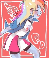 Size: 330x392 | Tagged: safe, artist:chi-hayu, rainbow dash, equestria girls, g4, blushing, clothes, eyes closed, female, open mouth, pixiv, skirt, solo