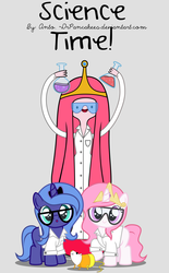 Size: 4779x7700 | Tagged: safe, artist:drpancakees, princess celestia, princess luna, g4, absurd resolution, adventure time, beaker, cewestia, clothes, crossover, cute, female, filly, glasses, goggles, lab coat, male, pink-mane celestia, princess bubblegum, science, science the rat, science woona, woona, younger