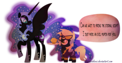 Size: 5000x2586 | Tagged: safe, artist:drpancakees, derpy hooves, nightmare moon, pegasus, pony, g4, clothes, cute, female, high res, mare, muffin, plate, shadowbolts, speech bubble