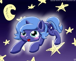Size: 1550x1250 | Tagged: safe, artist:harthric, princess luna, g4, blushing, cute, female, filly, moon, s1 luna, solo, stars, woona, younger