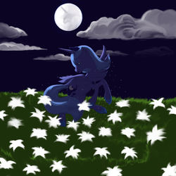 Size: 1181x1181 | Tagged: safe, artist:roselinath, princess luna, alicorn, pony, g4, cloud, female, flower, looking down, mare in the moon, moon, night, night sky, s1 luna, sky, solo