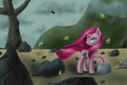 Size: 3000x2000 | Tagged: safe, artist:budgieflitter, pinkie pie, earth pony, pony, g4, alternate cutie mark, dead tree, falling leaves, female, high res, leaves, looking away, looking up, outdoors, pinkamena diane pie, rock, rock farm, sad, solo, standing, tree, turned head, windswept mane, younger