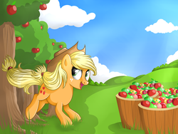 Size: 3000x2250 | Tagged: safe, artist:vird-gi, applejack, g4, apple, apple orchard, apple tree, applebucking, female, solo, tree