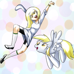 Size: 1024x1024 | Tagged: safe, artist:cosmicponye, derpy hooves, human, pegasus, pony, g4, abstract background, bracelet, clothes, cute, female, flying, happy, human ponidox, humanized, jewelry, jumping, mare, open mouth, oversized clothes, oversized shirt, shirt, smiling, spread wings, wings