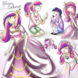 Size: 1024x1024 | Tagged: safe, artist:cosmicponye, princess cadance, queen chrysalis, twilight sparkle, changeling, human, g4, clothes, disguise, disguised changeling, dress, fake cadance, filly, gown, humanized, impossibly large dress, younger