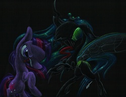 Size: 1066x820 | Tagged: safe, artist:getchanoodlewet, queen chrysalis, twilight sparkle, changeling, changeling queen, pony, unicorn, g4, female, traditional art, unicorn twilight