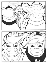 Size: 754x1000 | Tagged: safe, artist:abronyaccount, princess celestia, princess luna, trixie, cow, g4, black and white, comic, dialogue, grayscale, lineart, look of disapproval, monochrome, post-transformation, princess cowlestia, princess moona, species swap, speech bubble, traditional art, transformation, unamused