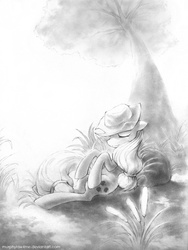 Size: 900x1200 | Tagged: safe, artist:murphylaw4me, applejack, g4, monochrome, resting, traditional art, tree