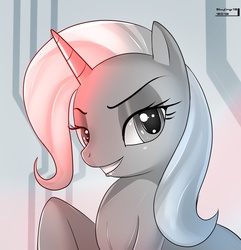 Size: 1014x1053 | Tagged: dead source, safe, artist:skyart301, trixie, pony, unicorn, g4, eyeshadow, female, grin, looking at you, mare, portrait, raised hoof, smiling, smirk, solo