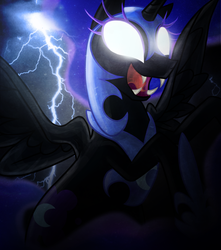 Size: 839x951 | Tagged: safe, artist:uglytree, nightmare moon, g4, female, glowing eyes, lightning, solo