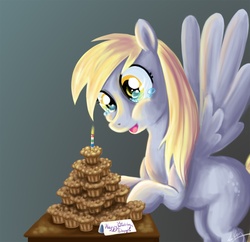 Size: 1275x1236 | Tagged: safe, artist:bunnimation, derpy hooves, pegasus, pony, g4, birthday, candle, crying, female, happy birthday, mare, muffin, solo