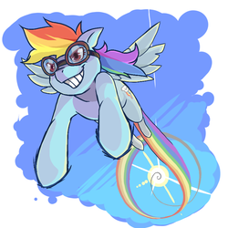 Size: 800x800 | Tagged: safe, artist:idrawweeklypony, rainbow dash, g4, action pose, female, flying, goggles, rainbow, solo, trail