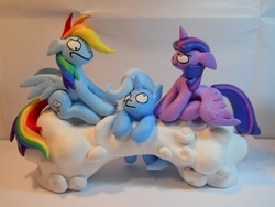 Size: 4320x3240 | Tagged: safe, artist:earthenpony, rainbow dash, trixie, twilight sparkle, alicorn, pony, g4, cloud, customized toy, female, high res, inconvenient trixie, irl, mare, photo, rainbow dash is not amused, sculpture, twilight sparkle (alicorn), twilight sparkle is not amused, unamused, woonoggles