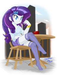 Size: 2305x3000 | Tagged: safe, artist:danmakuman, edit, rarity, human, equestria girls, g4, cafe, clothes, coffee, colored pupils, cute, female, missing shoes, pants, raribetes, socks, solo, stockings, thigh highs, thigh socks