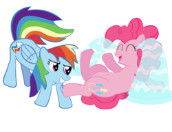 Size: 1650x1275 | Tagged: safe, artist:saburodaimando, pinkie pie, rainbow dash, earth pony, pegasus, pony, g4, belly button, eyes closed, hilarious in hindsight, laughing, ocular gushers, tickling, wings