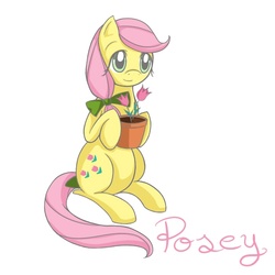 Size: 720x720 | Tagged: safe, artist:shiaran, posey, earth pony, pony, g1, g4, ask, askposey, bow, female, flower, flower pot, g1 to g4, generation leap, hair bow, simple background, sitting, solo, tail bow, tulip, tumblr, white background