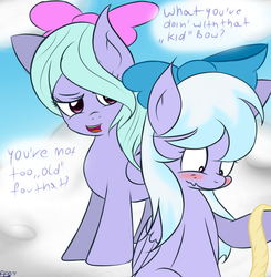 Size: 1663x1700 | Tagged: safe, artist:freefraq, cloudchaser, flitter, pegasus, g4, blue bow, blushing, bow, cloud, duo, duo female, embarrassed, embarrassed grin, female, folded wings, hair bow, hoof hold, on a cloud, open mouth, raised hoof, sitting, sitting on a cloud, smiling, standing on a cloud, teasing, text, too old for this, wings