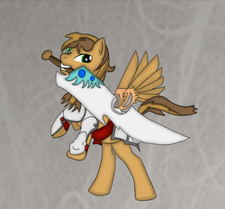 Size: 987x915 | Tagged: artist needed, source needed, safe, oc, oc only, pony, artificial wings, augmented, fantasy, male, mechanical wing, midevil, mouth hold, solo, stallion, steel, strings, sword, weapon, wings