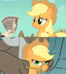 Size: 704x790 | Tagged: safe, applejack, diamond dog, g4, bondage, fistful of yen, japanese yen