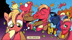 Size: 1036x580 | Tagged: safe, idw, official comic, big macintosh, princess luna, pumpkin cake, earth pony, pony, g4, spoiler:comic, carrot dog, clothes, eating, eating contest, food, magic shirt, male, medal, ship:lunamac, shipping, stallion, straight, stuffing, t-shirt, tongue out, trampoline, trophy