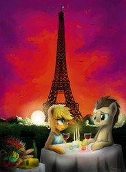 Size: 2200x3000 | Tagged: safe, artist:sweeterwho, doctor whooves, time turner, oc, g4, bread, candle, canon x oc, eiffel tower, female, food, glass, little rouge, male, paris, shipping, straight, sunset, szelma