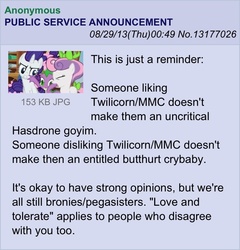 Size: 640x666 | Tagged: safe, rarity, spike, sweetie belle, g4, /mlp/, 4chan, 4chan screencap, adventure in the comments, alicorn drama, alicorn drama drama, alicorn drama drama drama, drama, metadrama, op has a point, public service announcement, text, truth