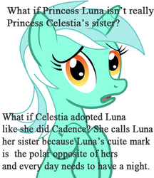 Size: 436x504 | Tagged: safe, lyra heartstrings, pony, unicorn, g4, conspiracy, conspiracy lyra, exploitable meme, female, looking at you, meme, nondrama, open mouth, simple background, solo, text, weird, white background