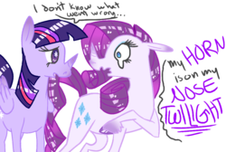 Size: 941x634 | Tagged: dead source, safe, artist:matthullum, rarity, twilight sparkle, rhinoceros, g4, crying, dialogue, eye contact, floppy ears, looking at each other, raised hoof, simple background, species swap, starry eyes, transparent background, twilight sparkle (alicorn), twinoceros, unshorn fetlocks, wavy mouth, wide eyes, wingding eyes