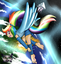 Size: 1024x1063 | Tagged: safe, artist:xptzstudios, rainbow dash, human, g4, barefoot, feet, female, humanized, leg warmers, sidemouth, soles, solo, space, spaceship, tailed humanization, toes, wiggle, wiggling toes, winged humanization