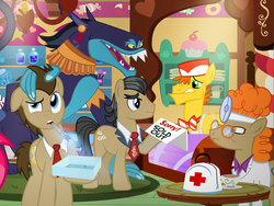 Size: 1200x900 | Tagged: safe, artist:pixelkitties, ahuizotl, carrot cake, doctor muffin top, doctor whooves, filthy rich, time turner, earth pony, pony, g4, brian drummond, doctor who, male, pixelkitties' brilliant autograph media artwork, sonic screwdriver, stallion, sugarcube corner, the doctor, voice actor joke